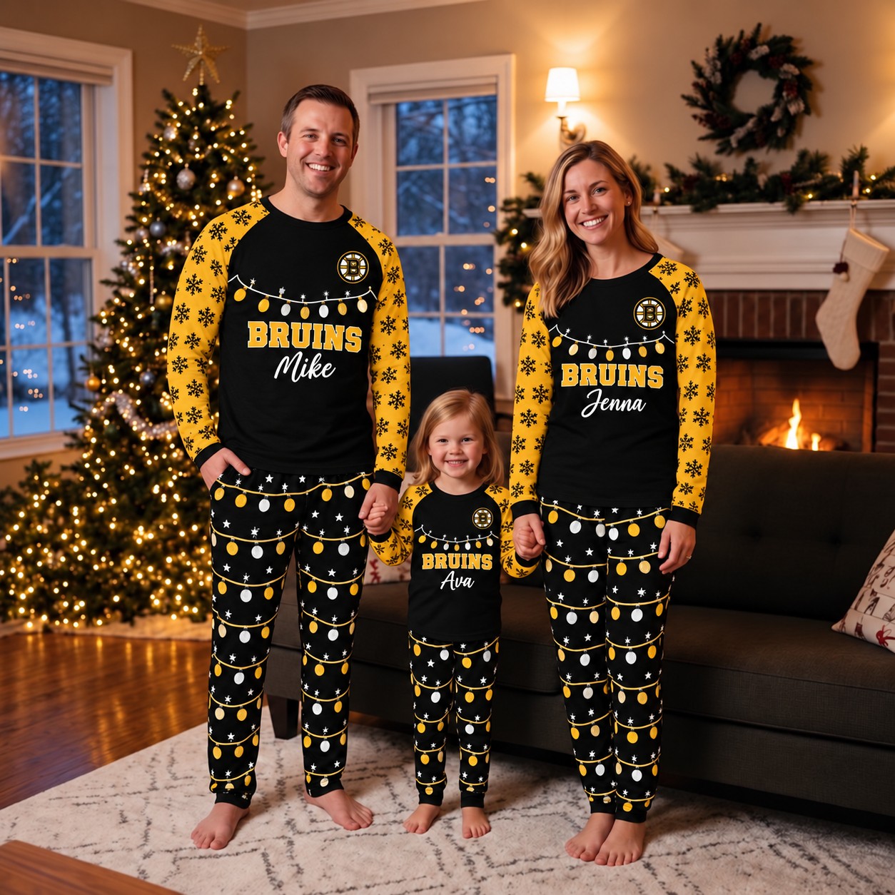 Boston Bruins family Christmas pajamas, string lights design