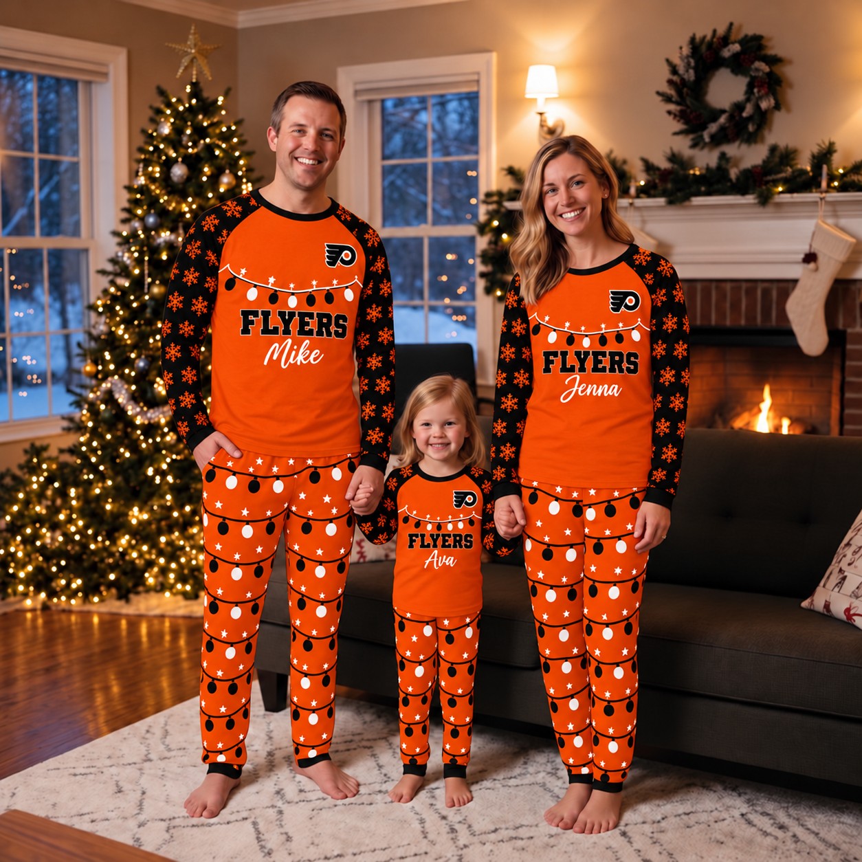 Philadelphia Flyers family Christmas pajamas, string lights design