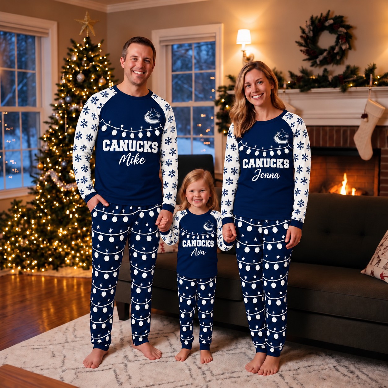 Vancouver Canucks family Christmas pajamas, string lights design