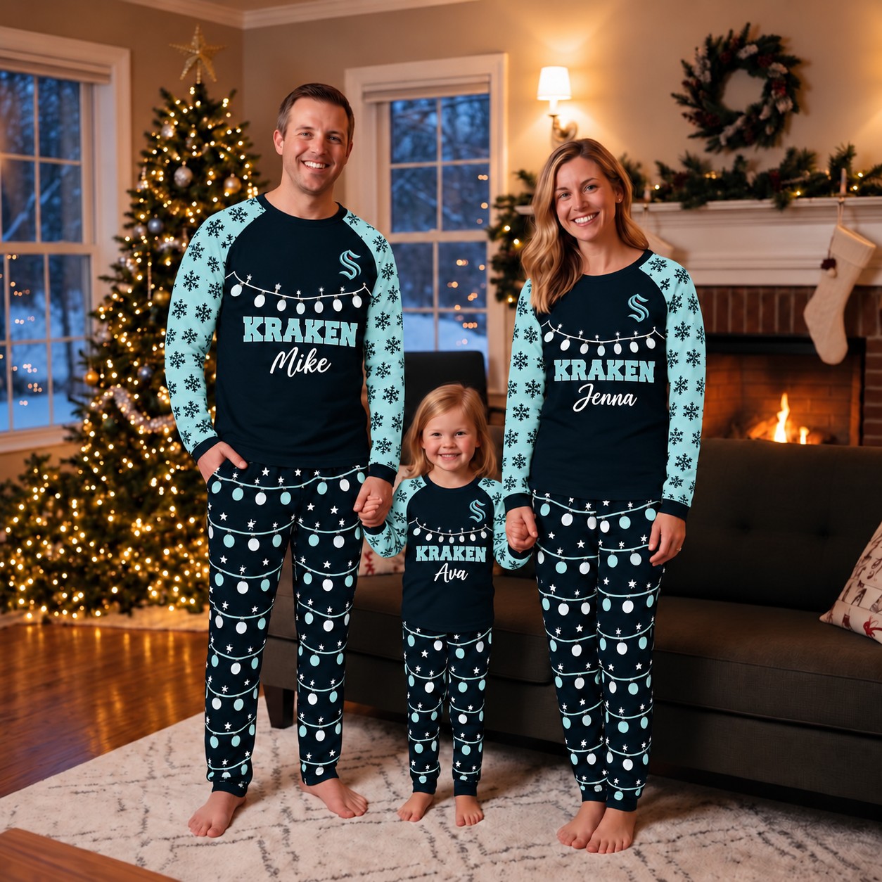 Seattle Kraken family Christmas pajamas, string lights design