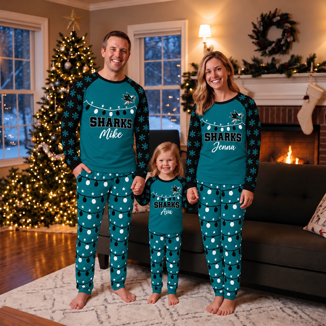 San Jose Sharks family Christmas pajamas, string lights design