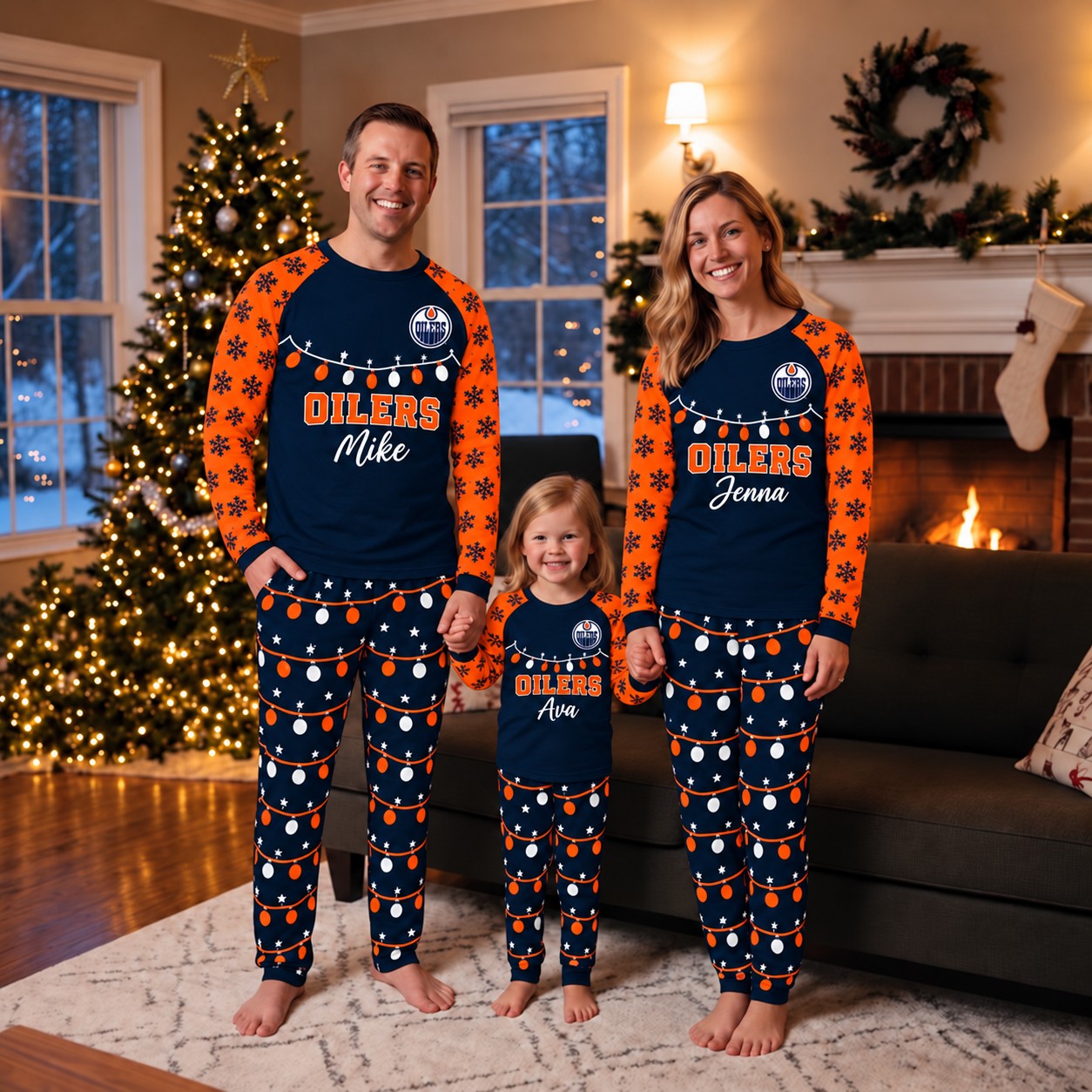 Edmonton Oilers family Christmas pajamas, string lights design
