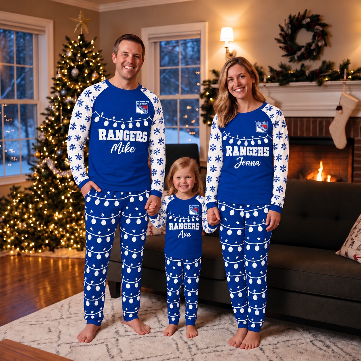 New York Rangers family Christmas pajamas, string lights design