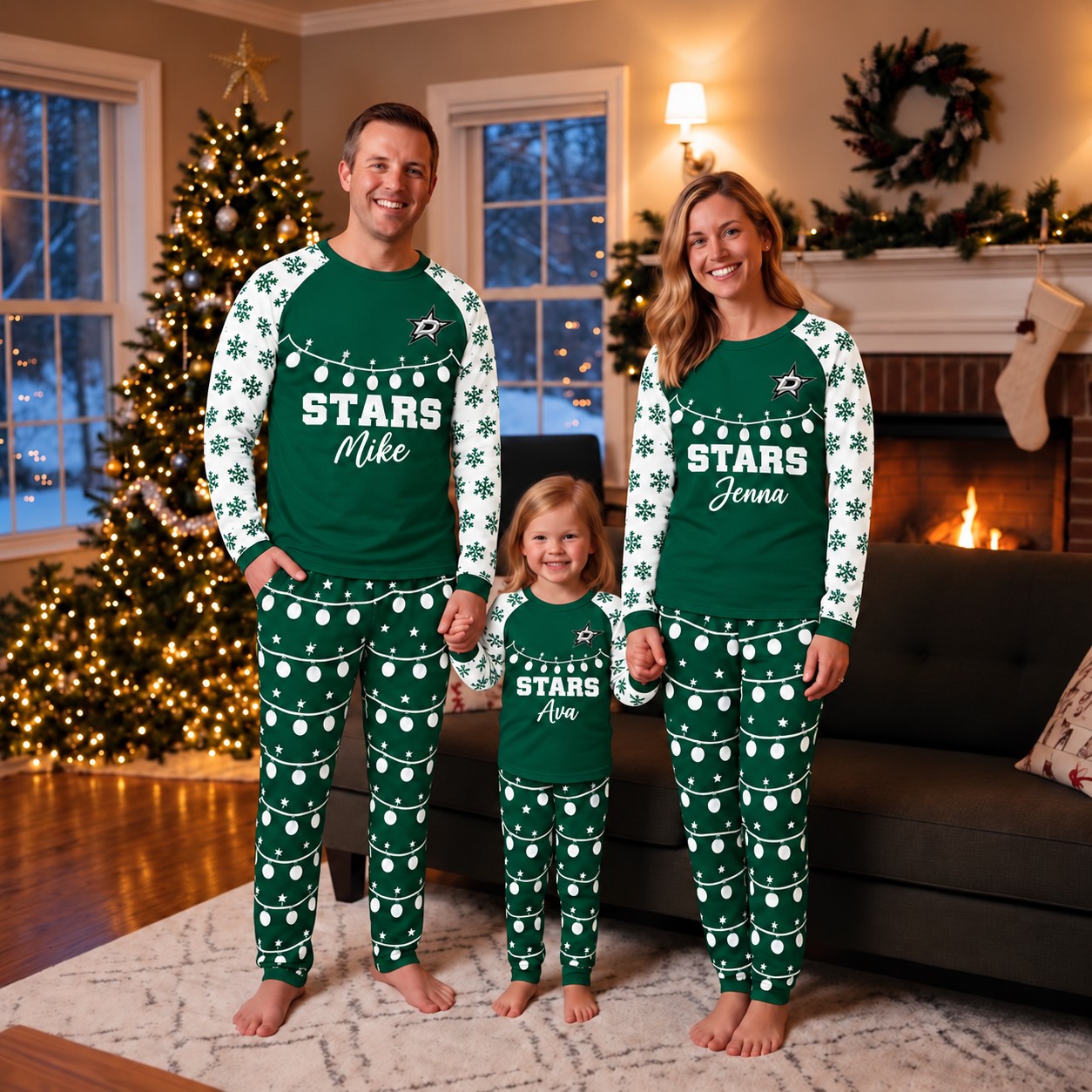 Dallas Stars family Christmas pajamas, string lights design