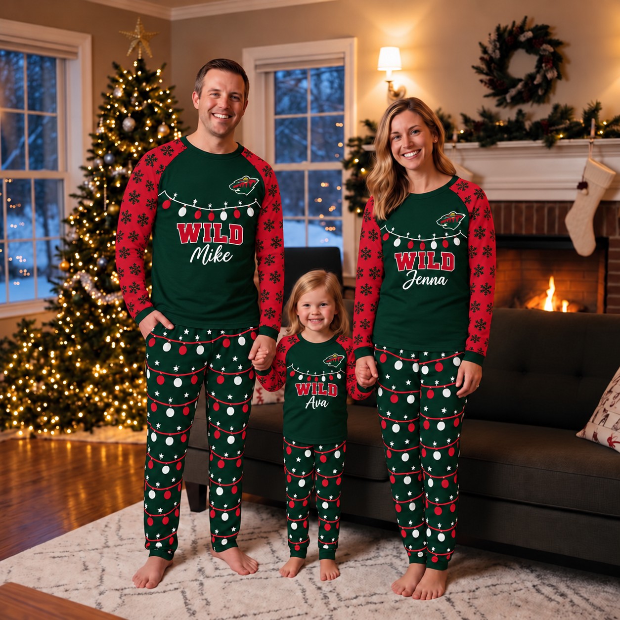 Minnesota Wild family Christmas pajamas, string lights design