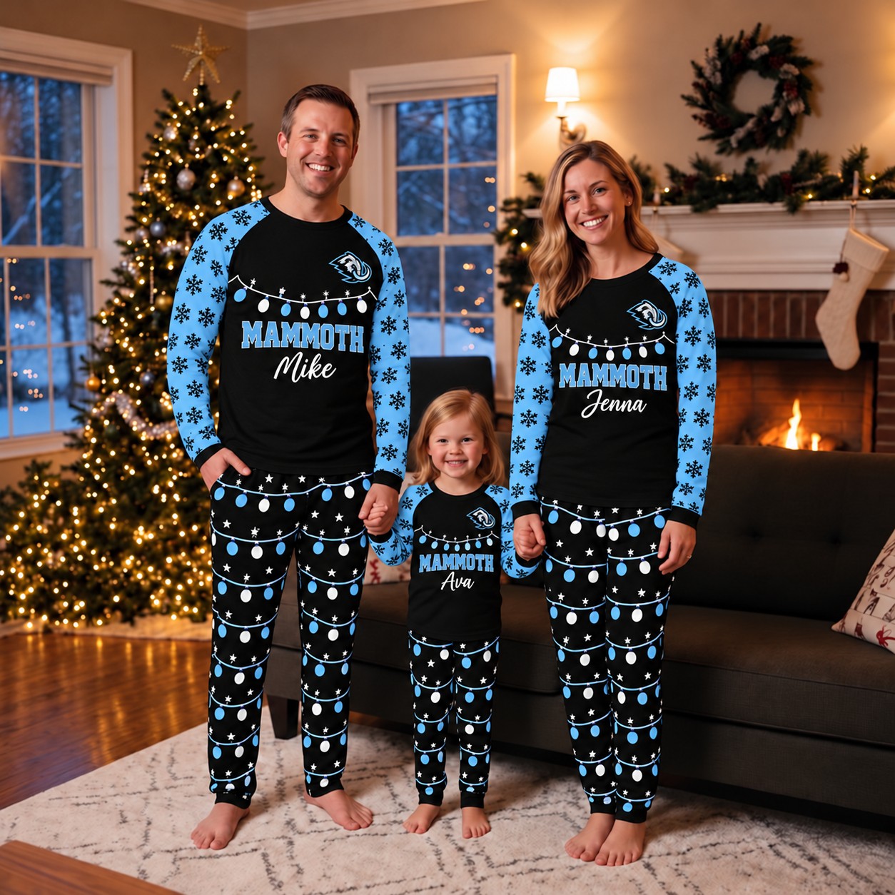 Utah Mammoth family Christmas pajamas, string lights design