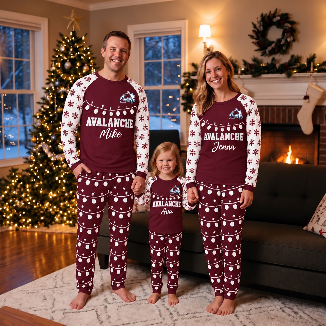 Colorado Avalanche family Christmas pajamas, string lights design