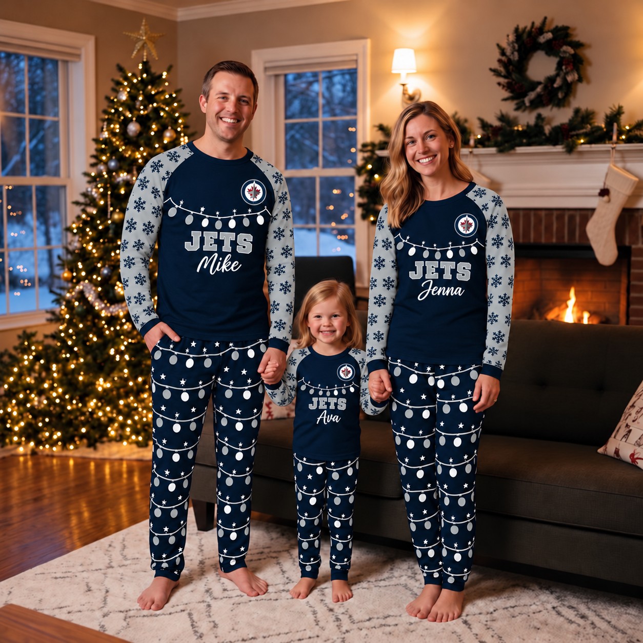 Winnipeg Jets family Christmas pajamas, string lights design