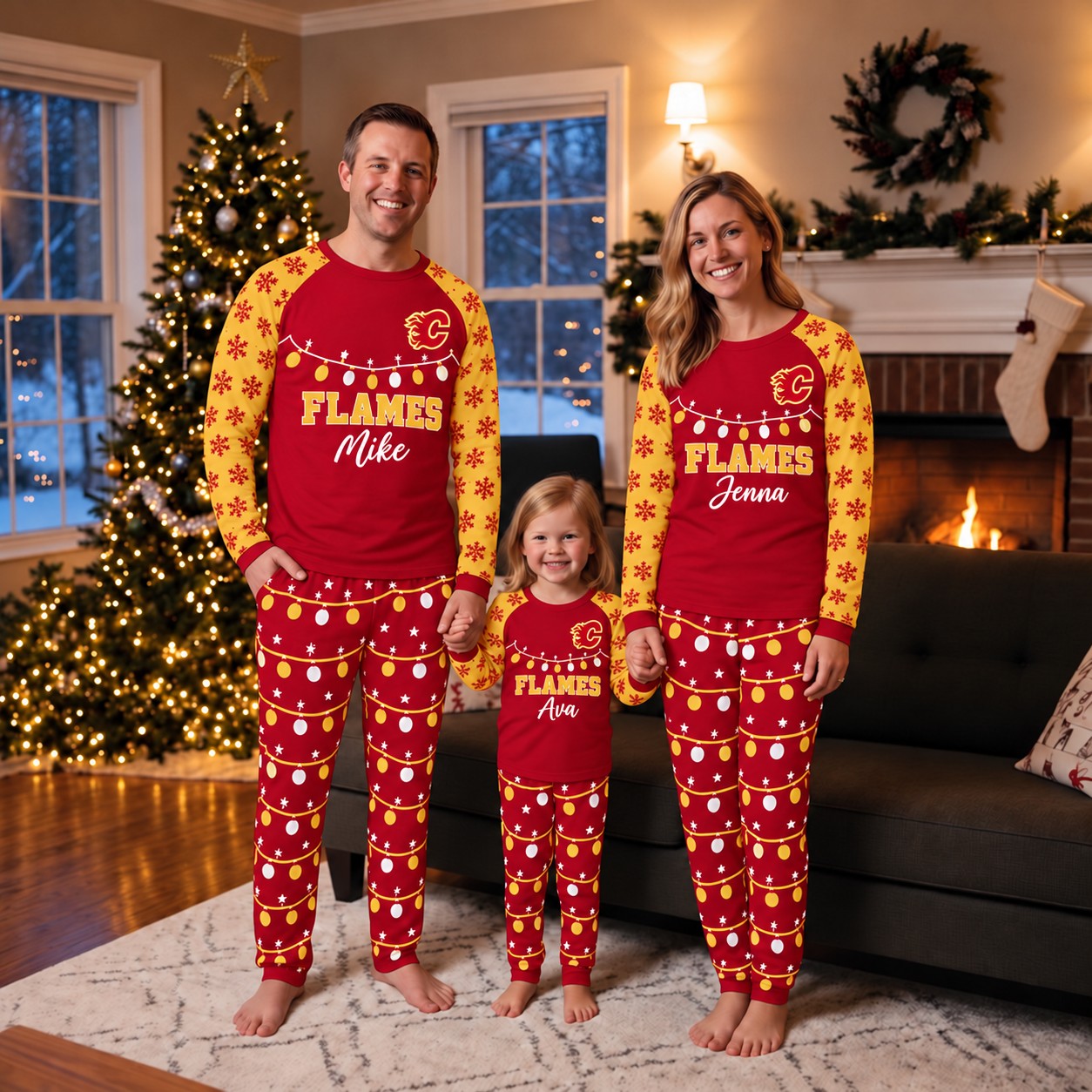 Calgary Flames family Christmas pajamas, string lights design