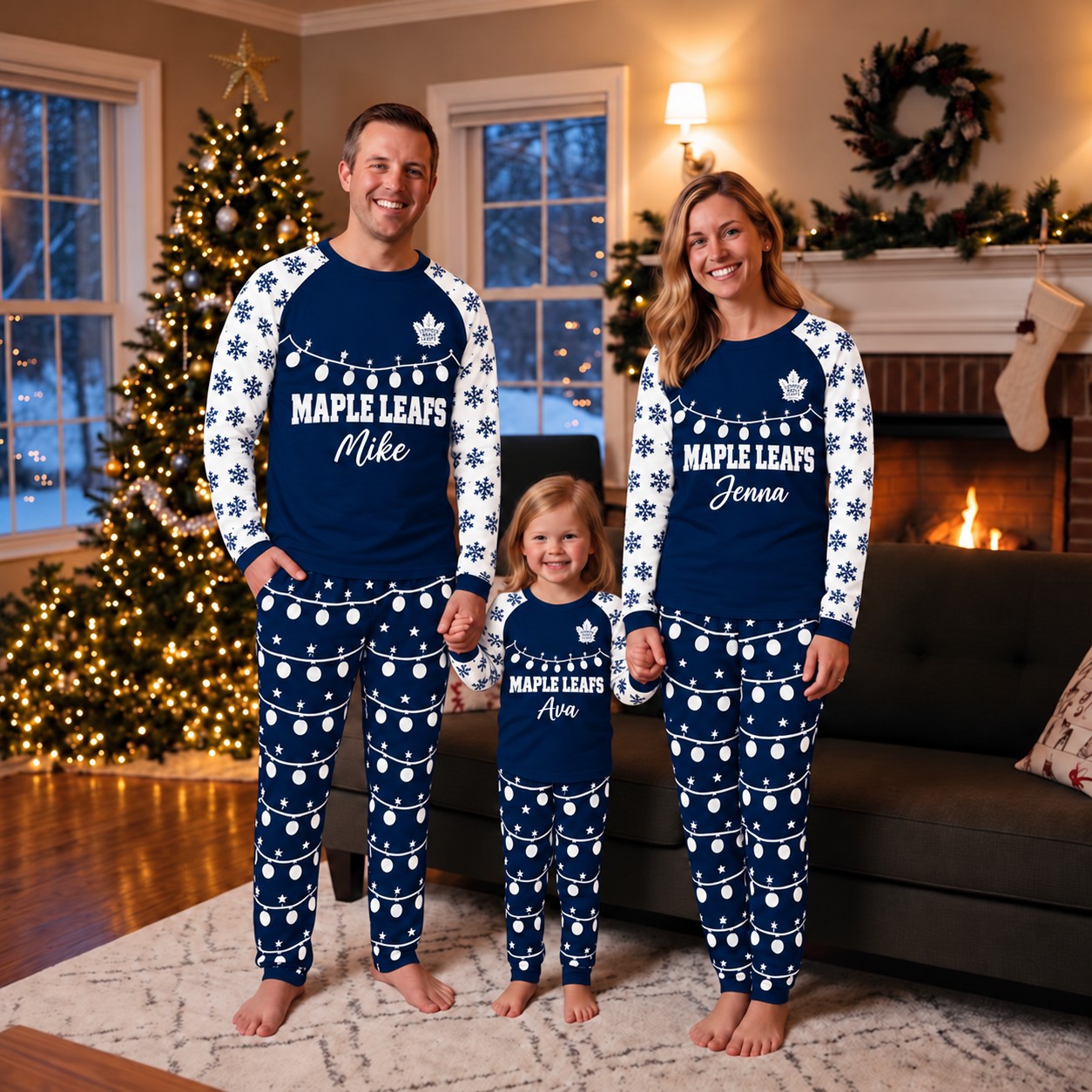 Toronto Maple Leafs family Christmas pajamas, string lights design
