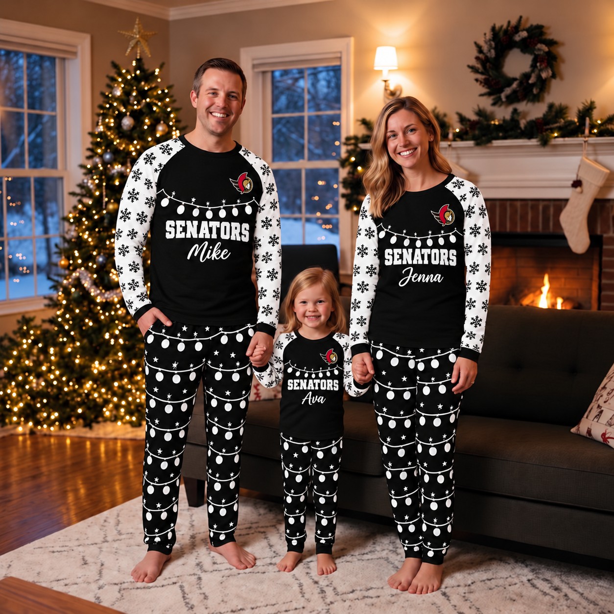 Ottawa Senators family Christmas pajamas, string lights design