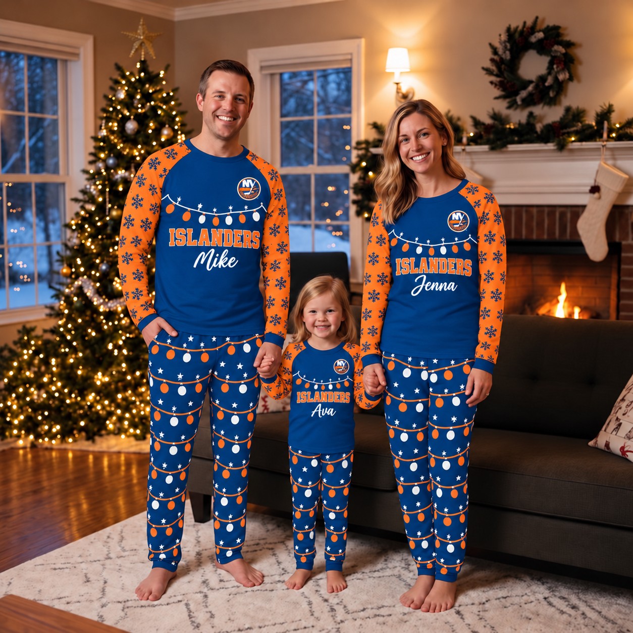 New York Islanders family Christmas pajamas, string lights design