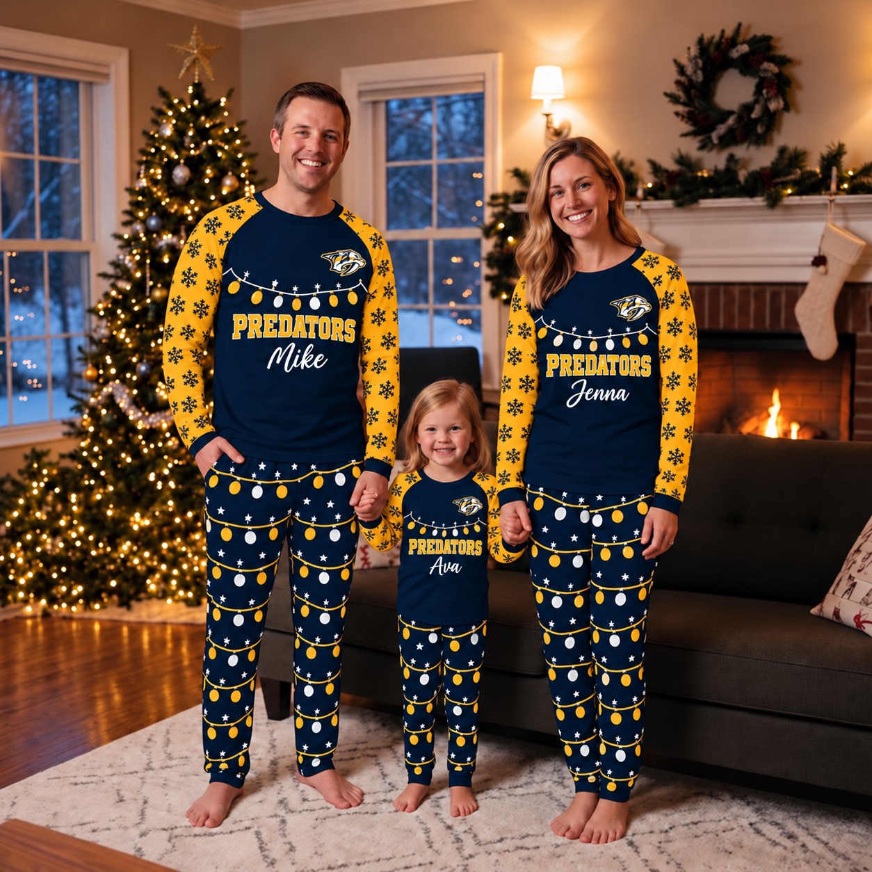 Nashville Predators family Christmas pajamas, string lights design