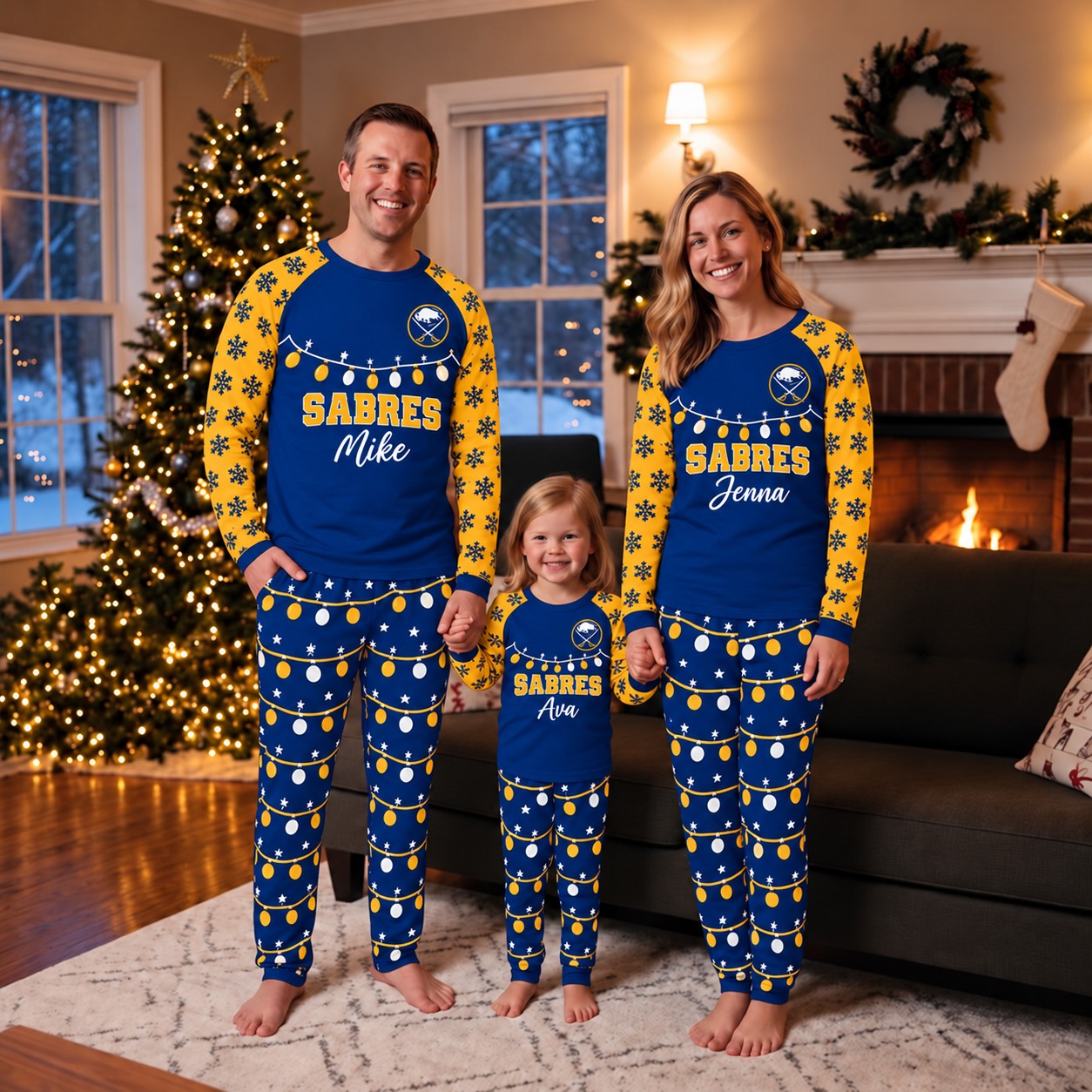 Buffalo Sabres family Christmas pajamas, string lights design