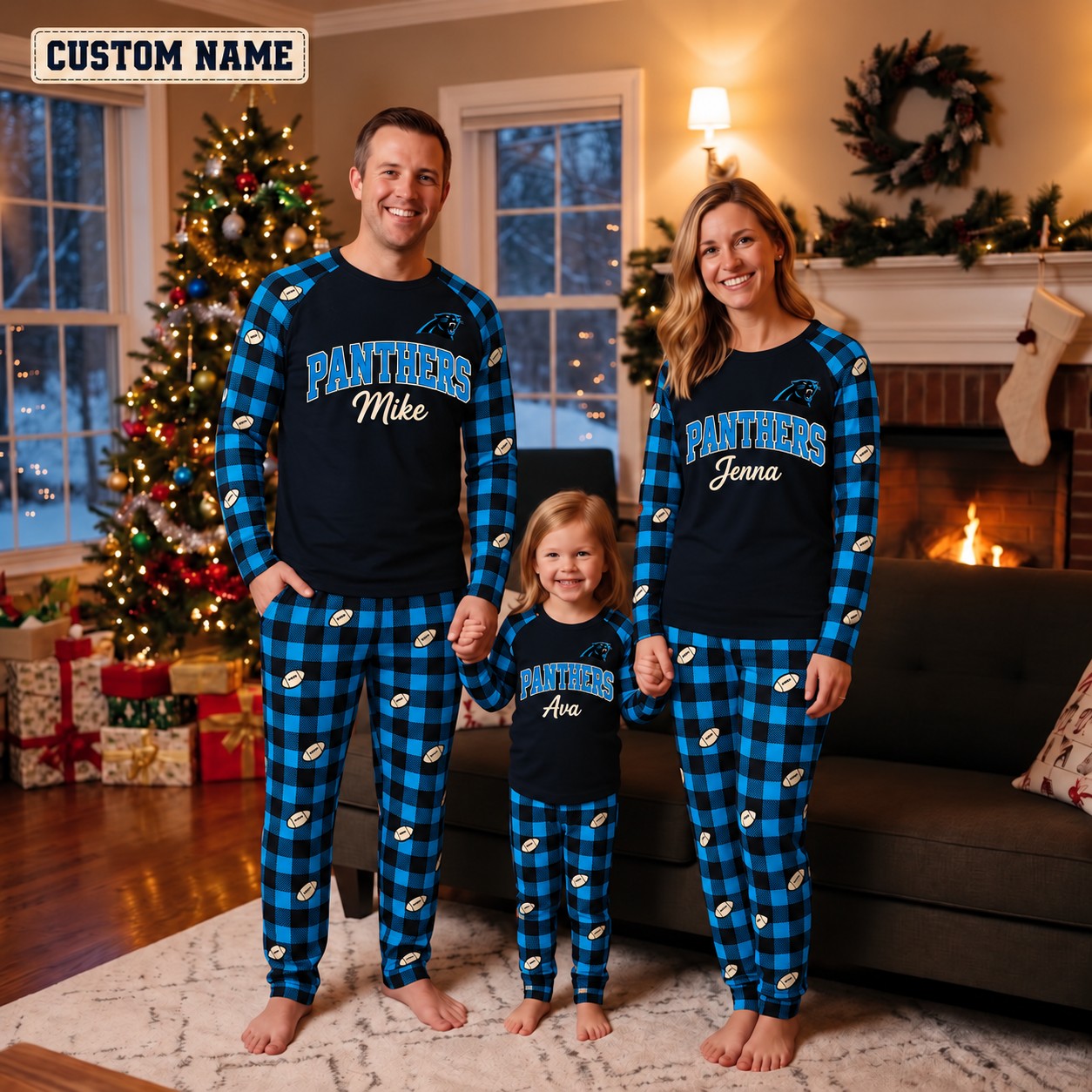 Carolina Panthers family Christmas pajamas, plaid design