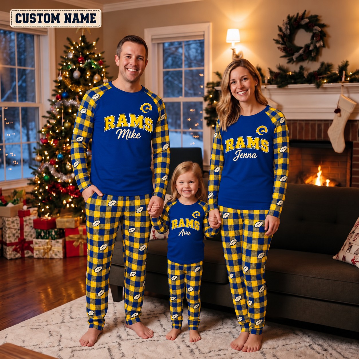 Los Angeles Rams family Christmas pajamas, plaid design