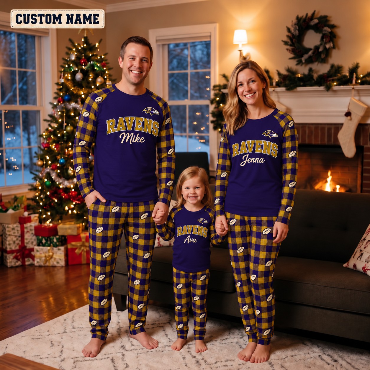 Baltimore Ravens family Christmas pajamas, plaid design