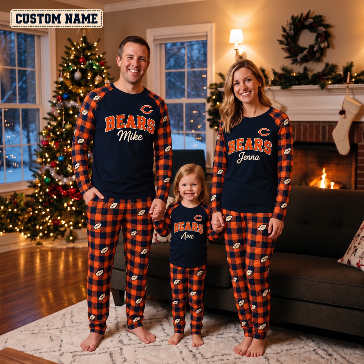 Chicago Bears family Christmas pajamas, plaid design