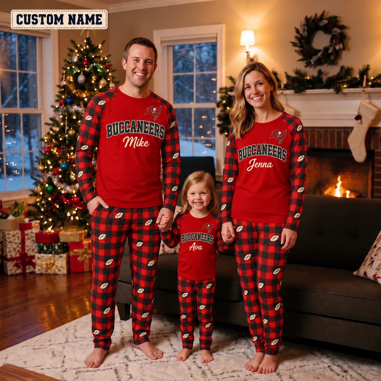 Tampa Bay Buccaneers family Christmas pajamas, plaid design