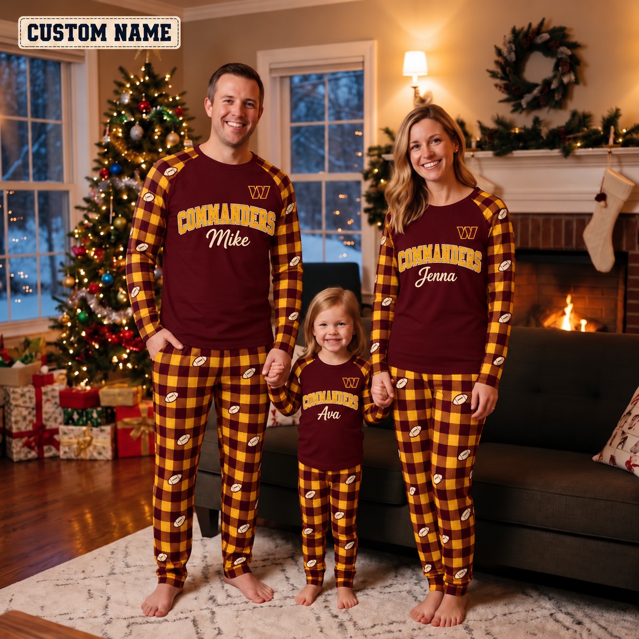 Washington Commanders family Christmas pajamas, plaid design