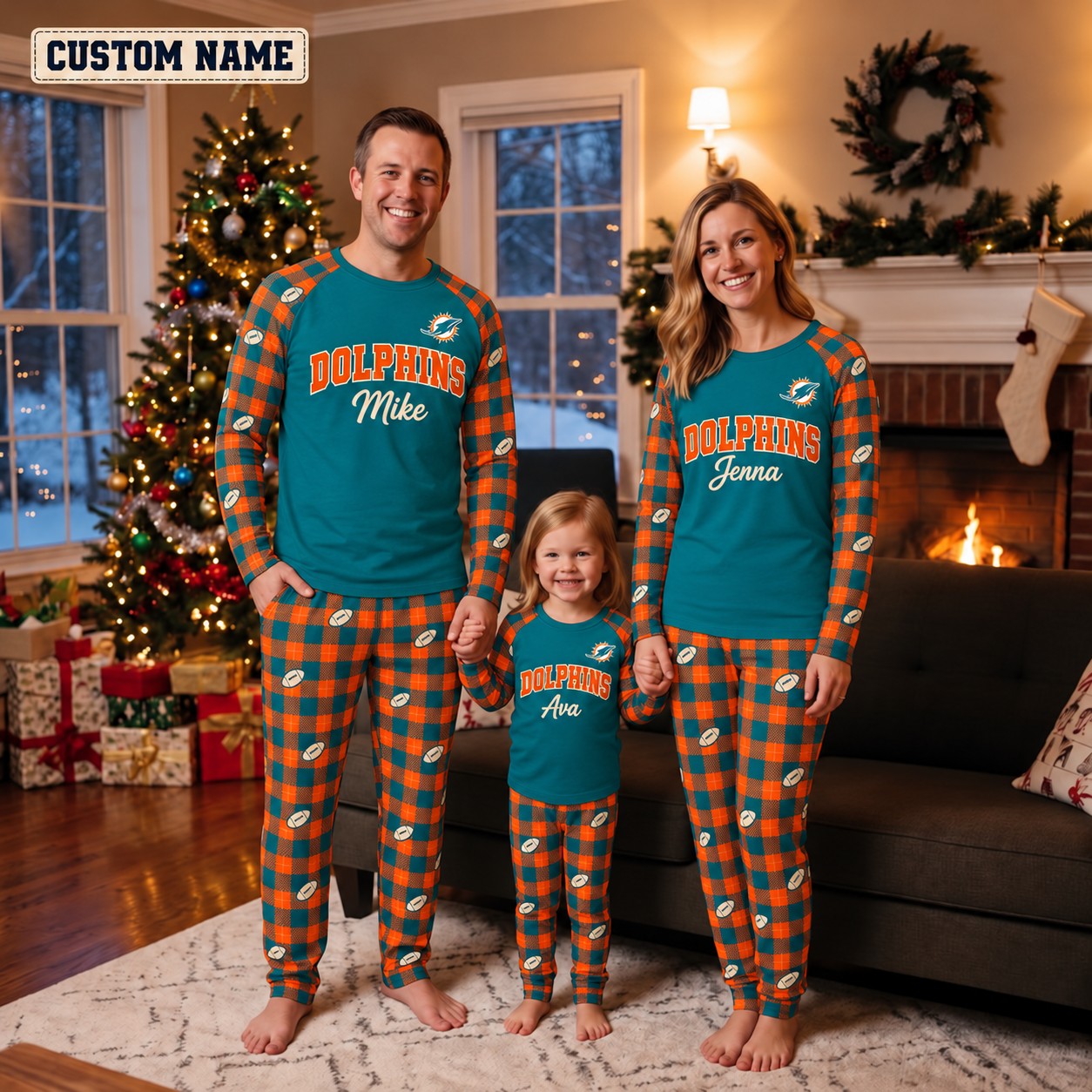 Miami Dolphins family Christmas pajamas, plaid design