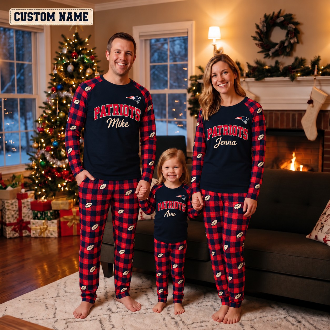 New England Patriots family Christmas pajamas, plaid design
