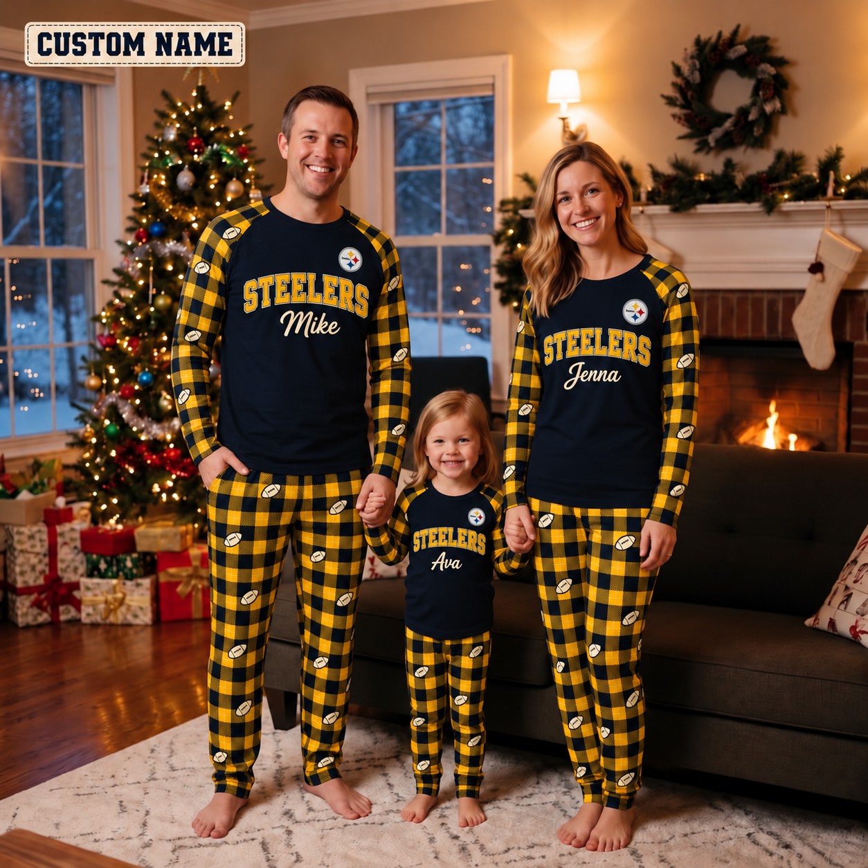 Pittsburgh Steelers family Christmas pajamas, plaid design