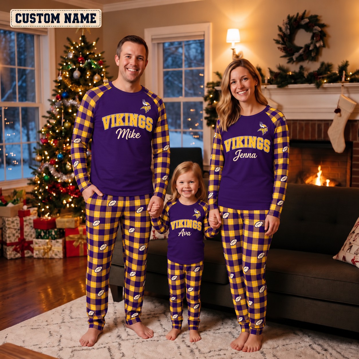 Minnesota Vikings family Christmas pajamas, plaid design