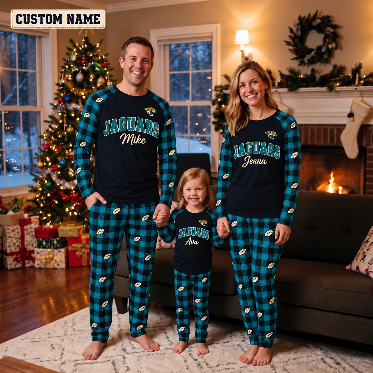 Jacksonville Jaguars family Christmas pajamas, plaid design
