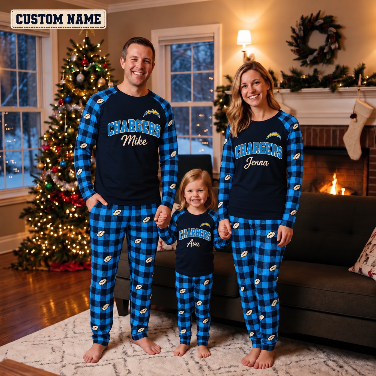 Los Angeles Chargers family Christmas pajamas, plaid design