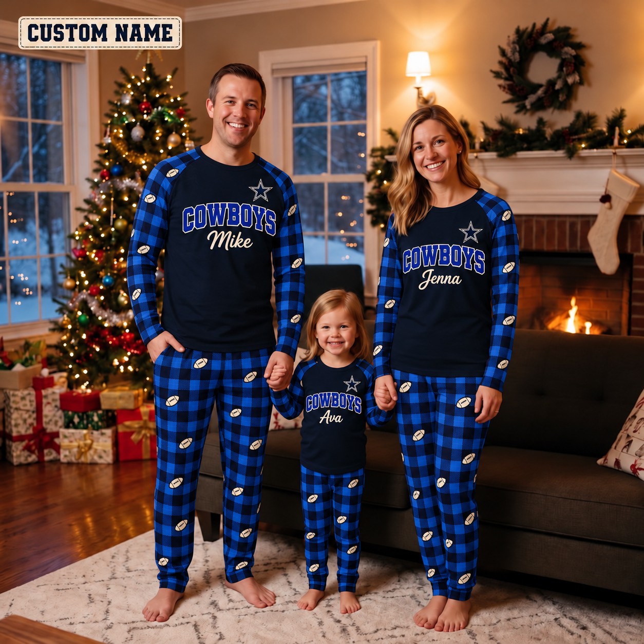 Dallas Cowboys family Christmas pajamas, plaid design