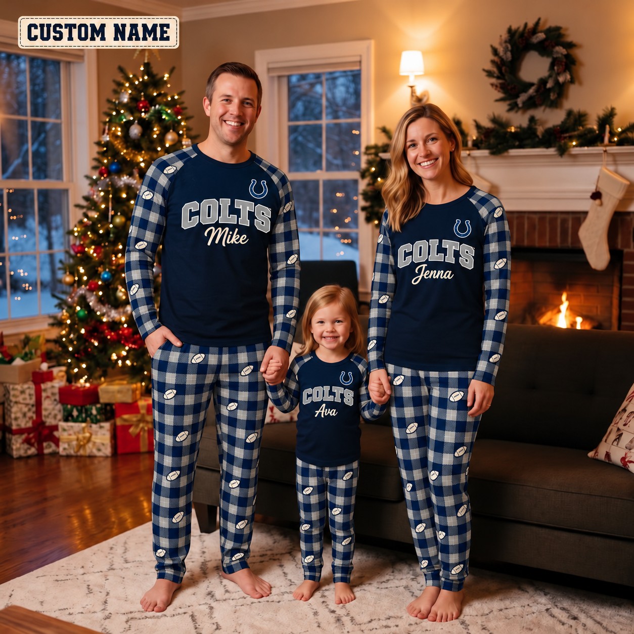 Indianapolis Colts family Christmas pajamas, plaid design