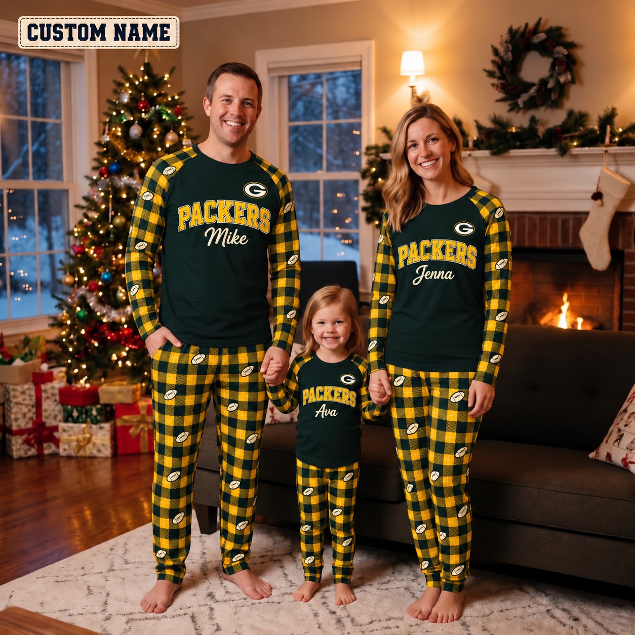 Green Bay Packers family Christmas pajamas, plaid design