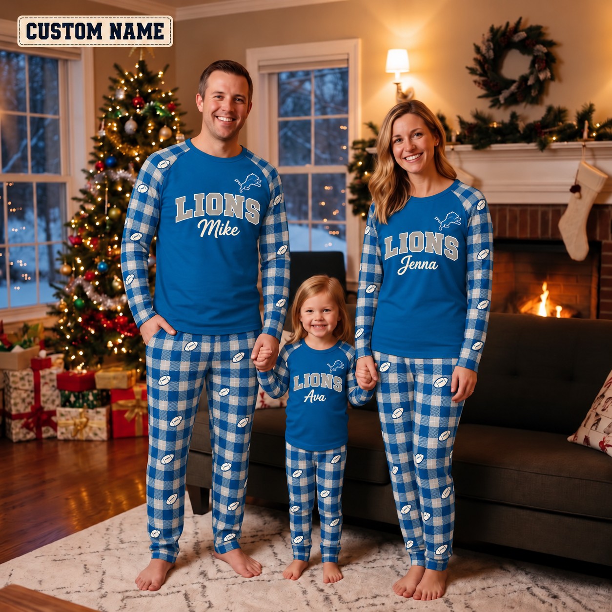 Detroit Lions family Christmas pajamas, plaid design