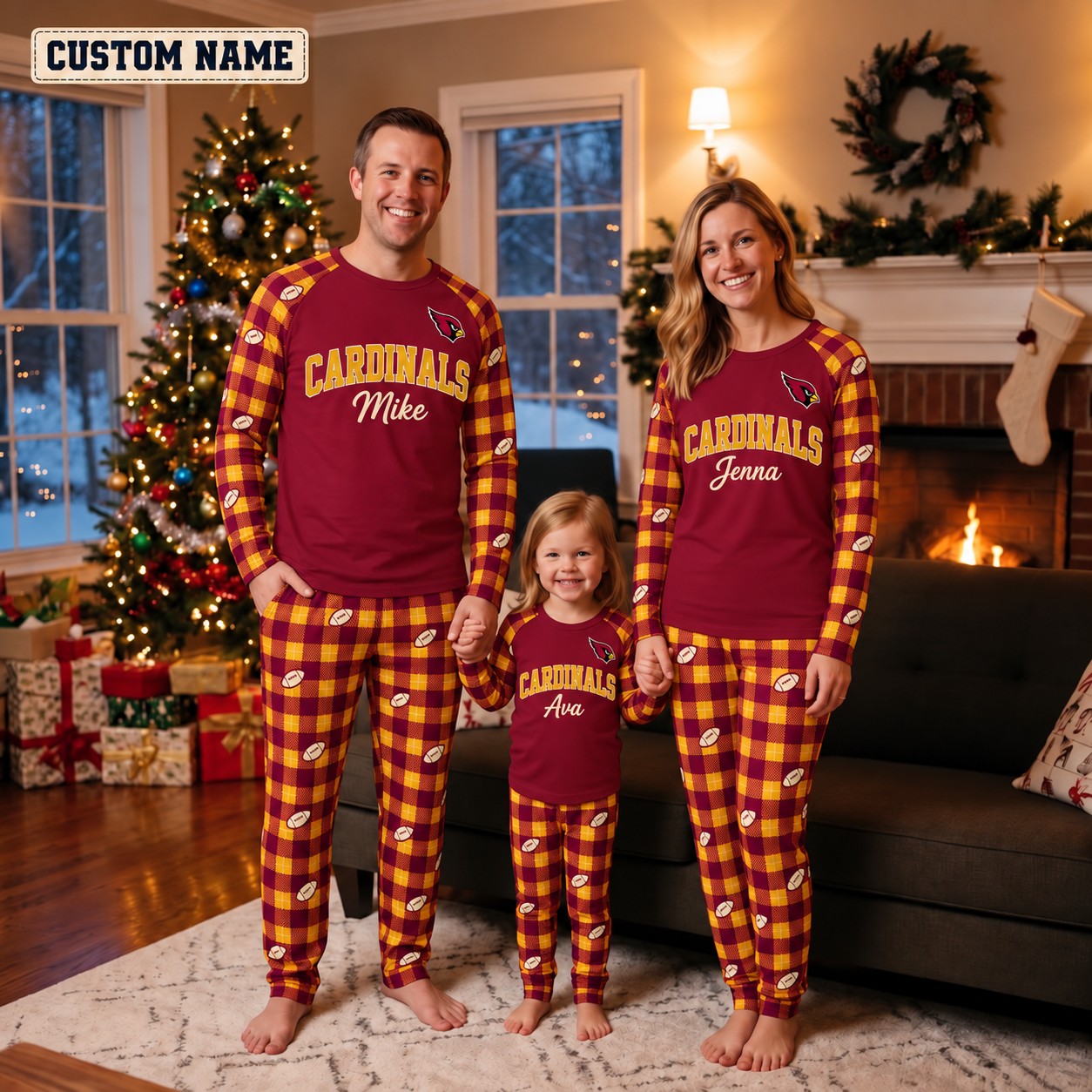 Arizona Cardinals family Christmas pajamas, plaid design