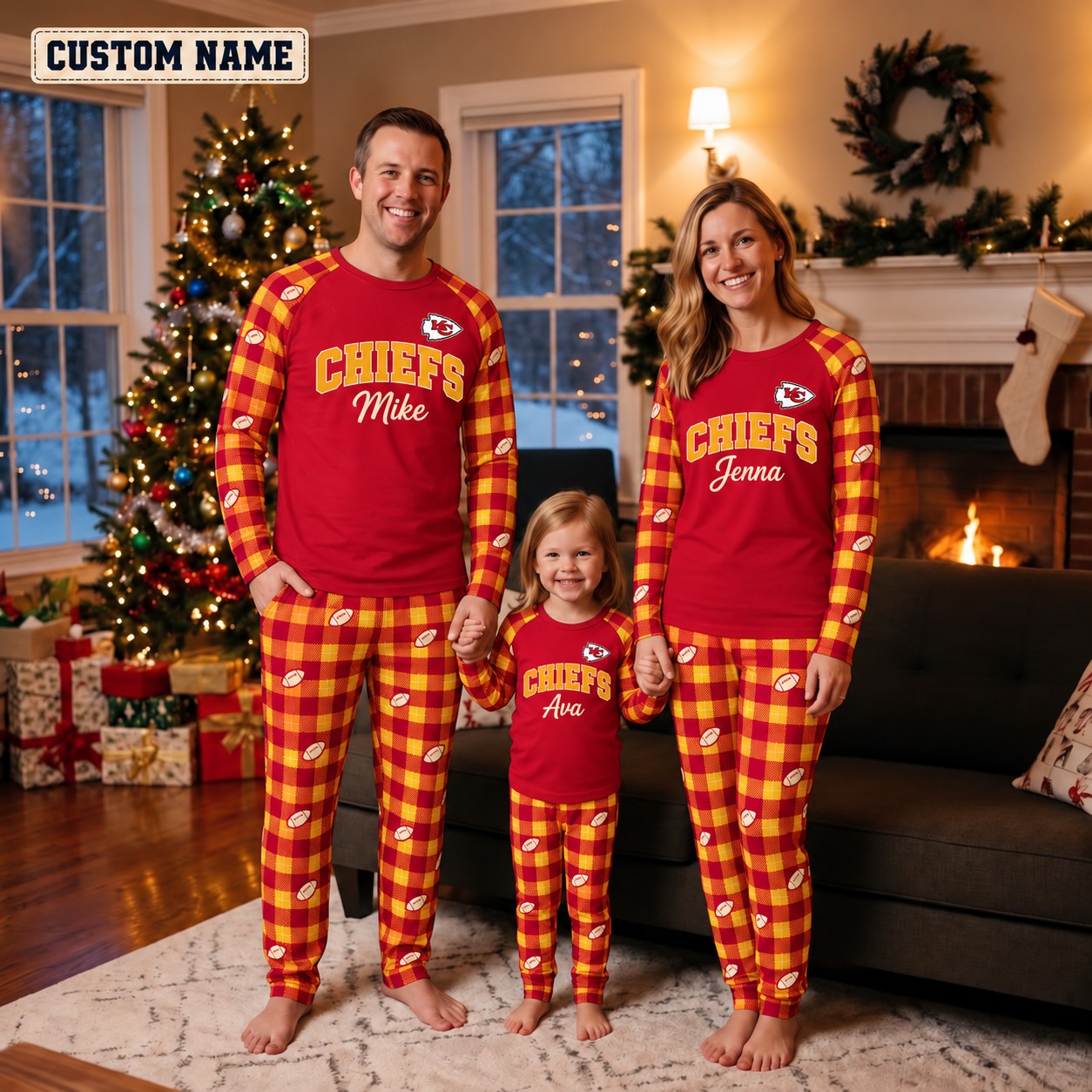 Kansas City Chiefs family Christmas pajamas, plaid design