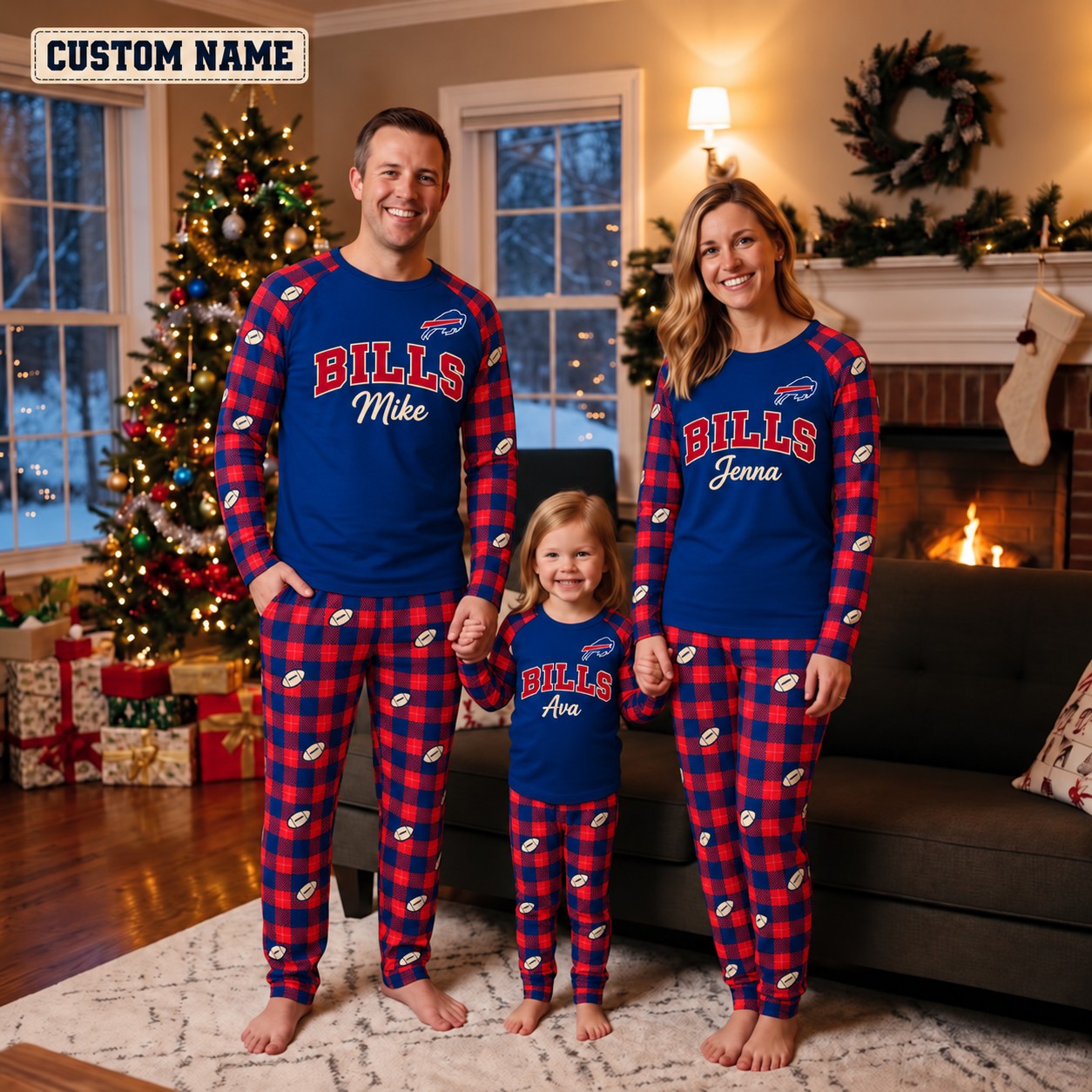Buffalo Bills family Christmas pajamas, plaid design
