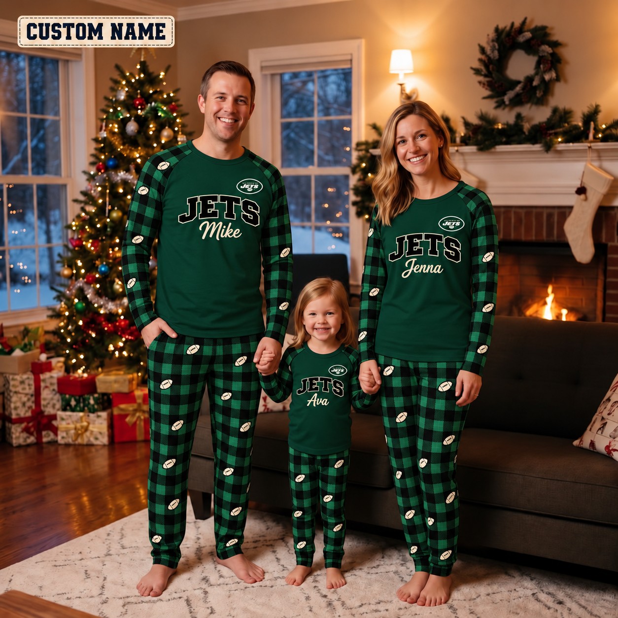 New York Jets family Christmas pajamas, plaid design
