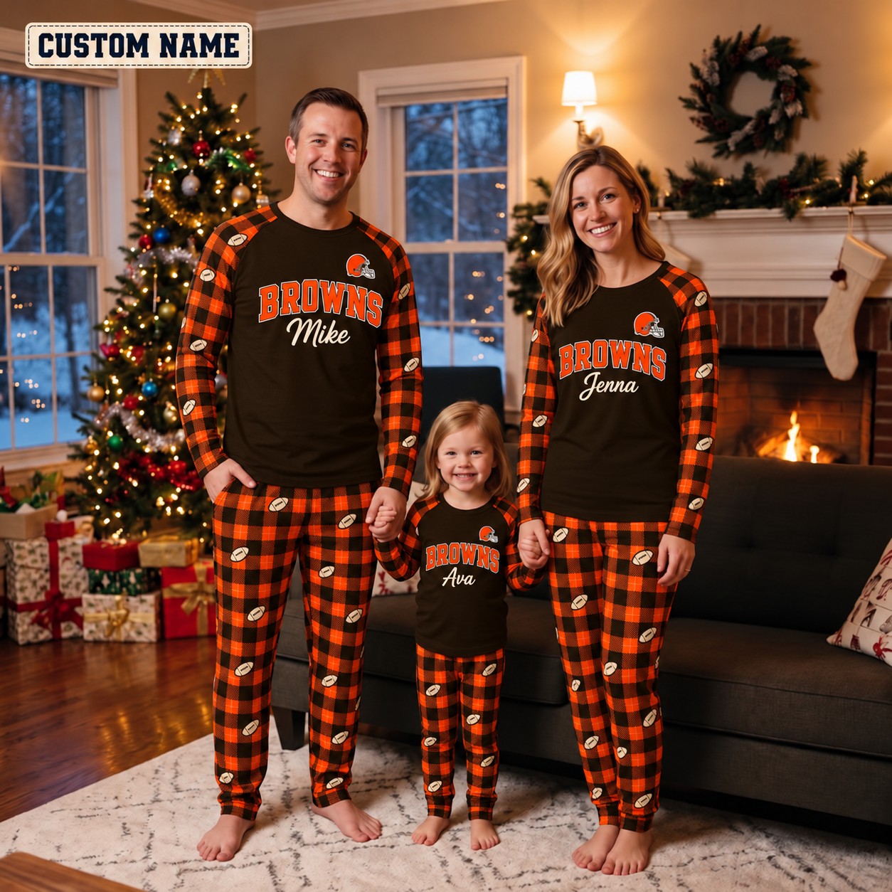 Cleveland Browns family Christmas pajamas, plaid design