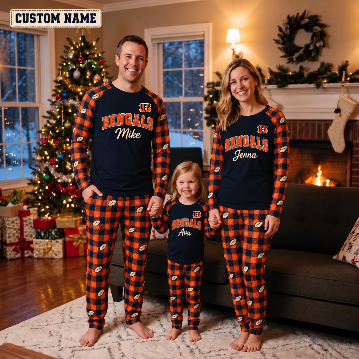 Cincinnati Bengals family Christmas pajamas, plaid design