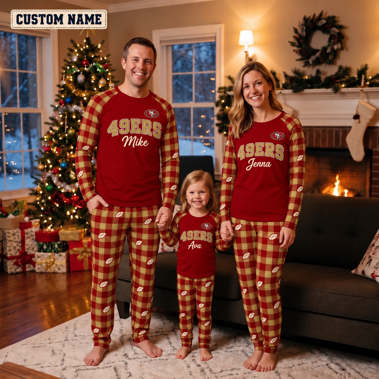 San Francisco 49ers family Christmas pajamas, plaid design
