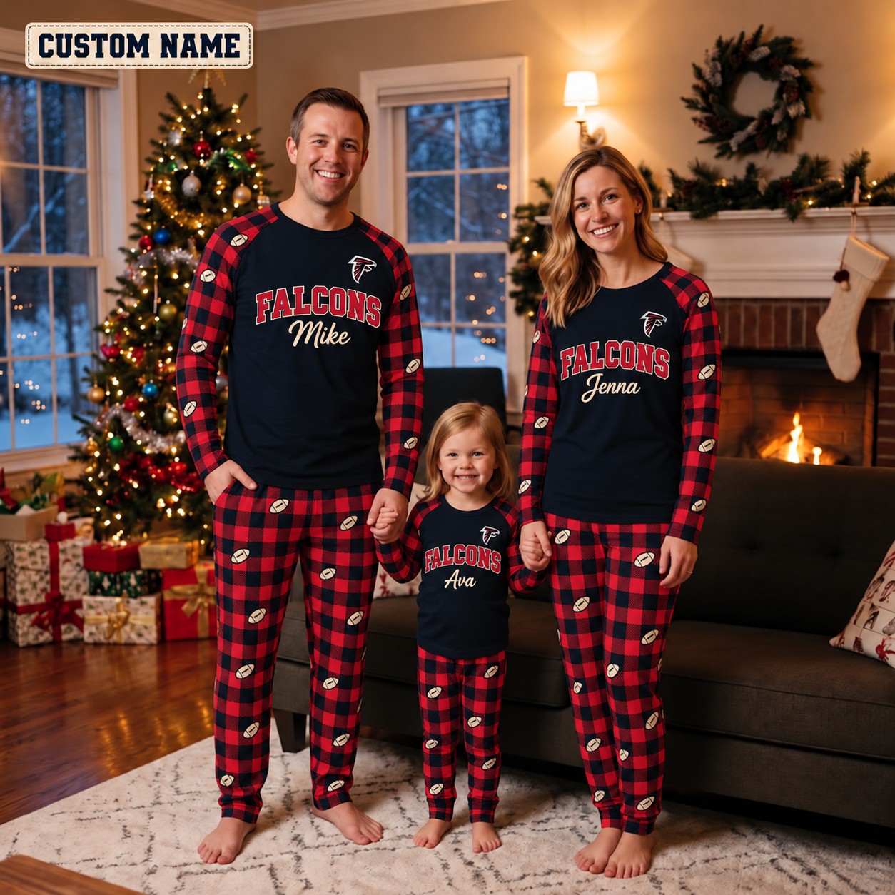Atlanta Falcons family Christmas pajamas, plaid design