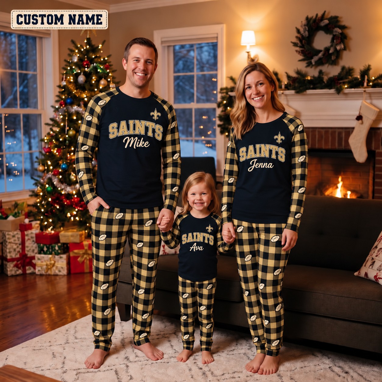 New Orleans Saints family Christmas pajamas, plaid design