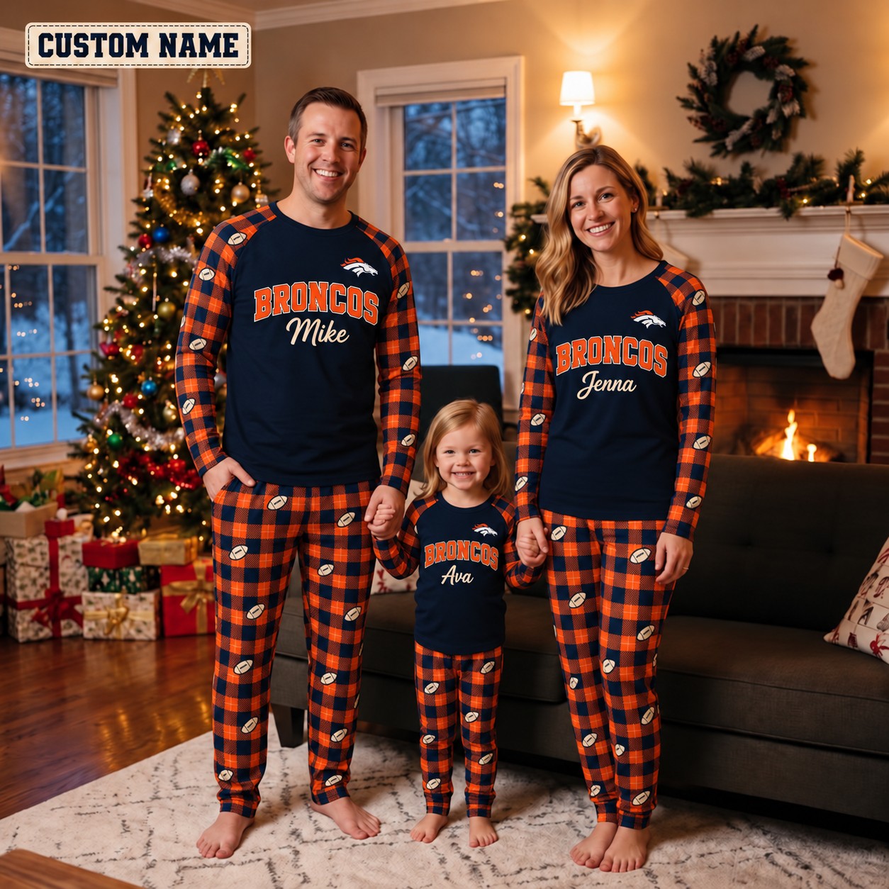 Denver Broncos family Christmas pajamas, plaid design