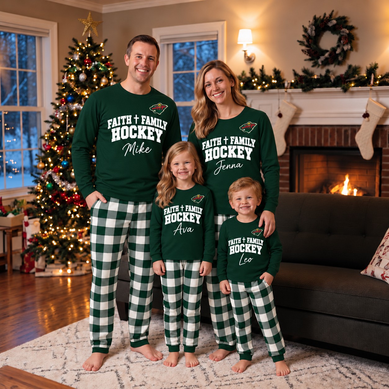 Minnesota Wild family Christmas pajamas, faith family hockey design