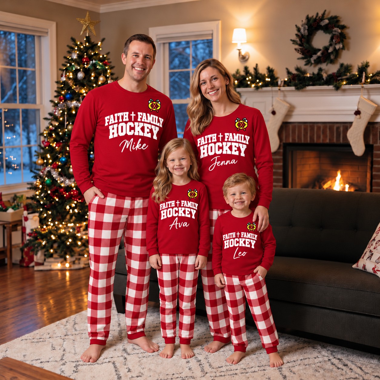 Chicago Blackhawks family Christmas pajamas, faith family hockey design