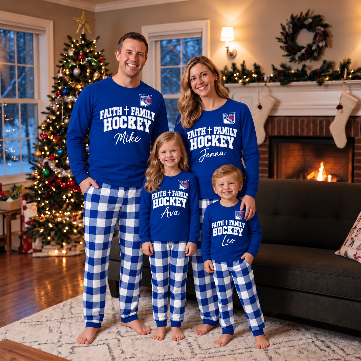 New York Rangers family Christmas pajamas, faith family hockey design