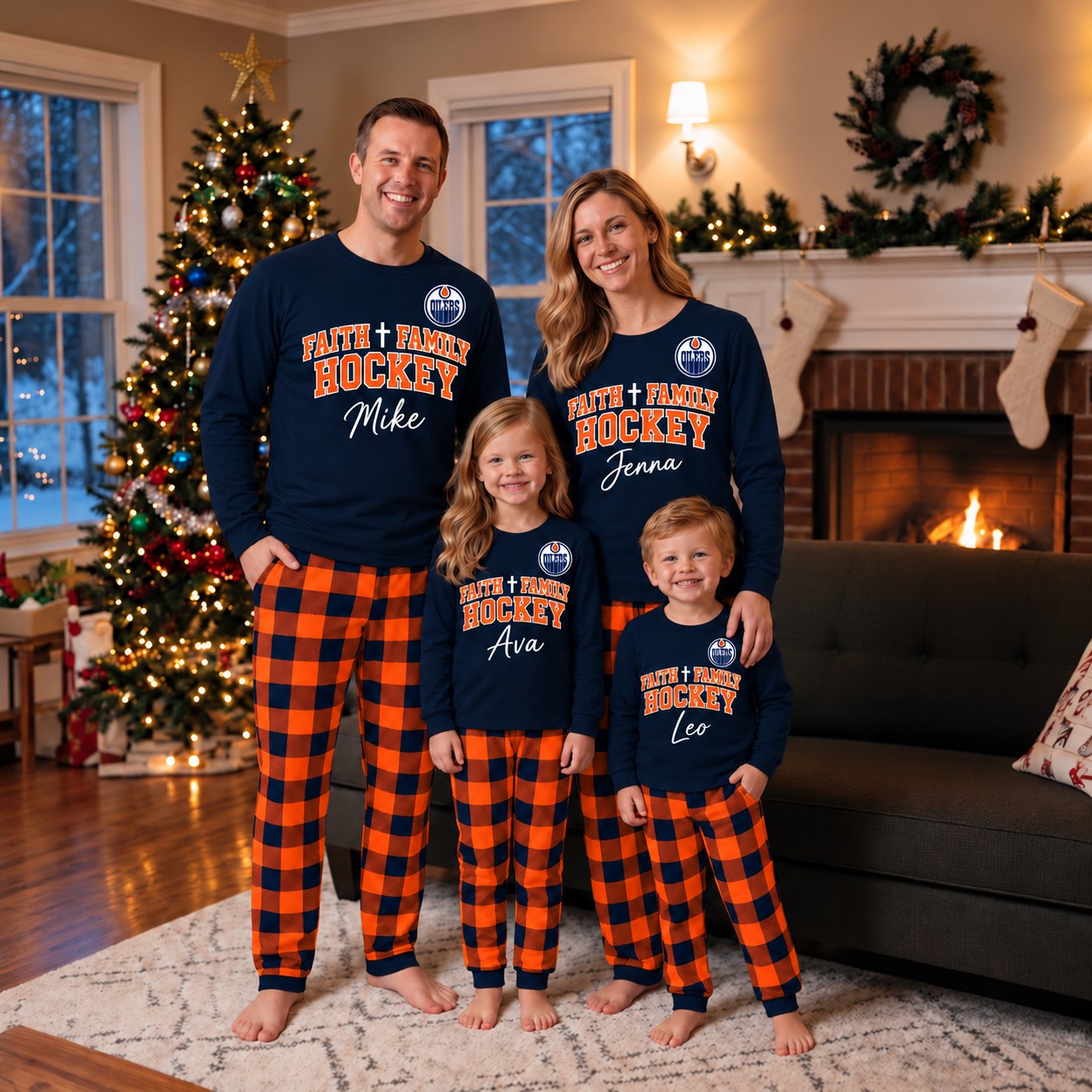 Edmonton Oilers family Christmas pajamas, faith family hockey design