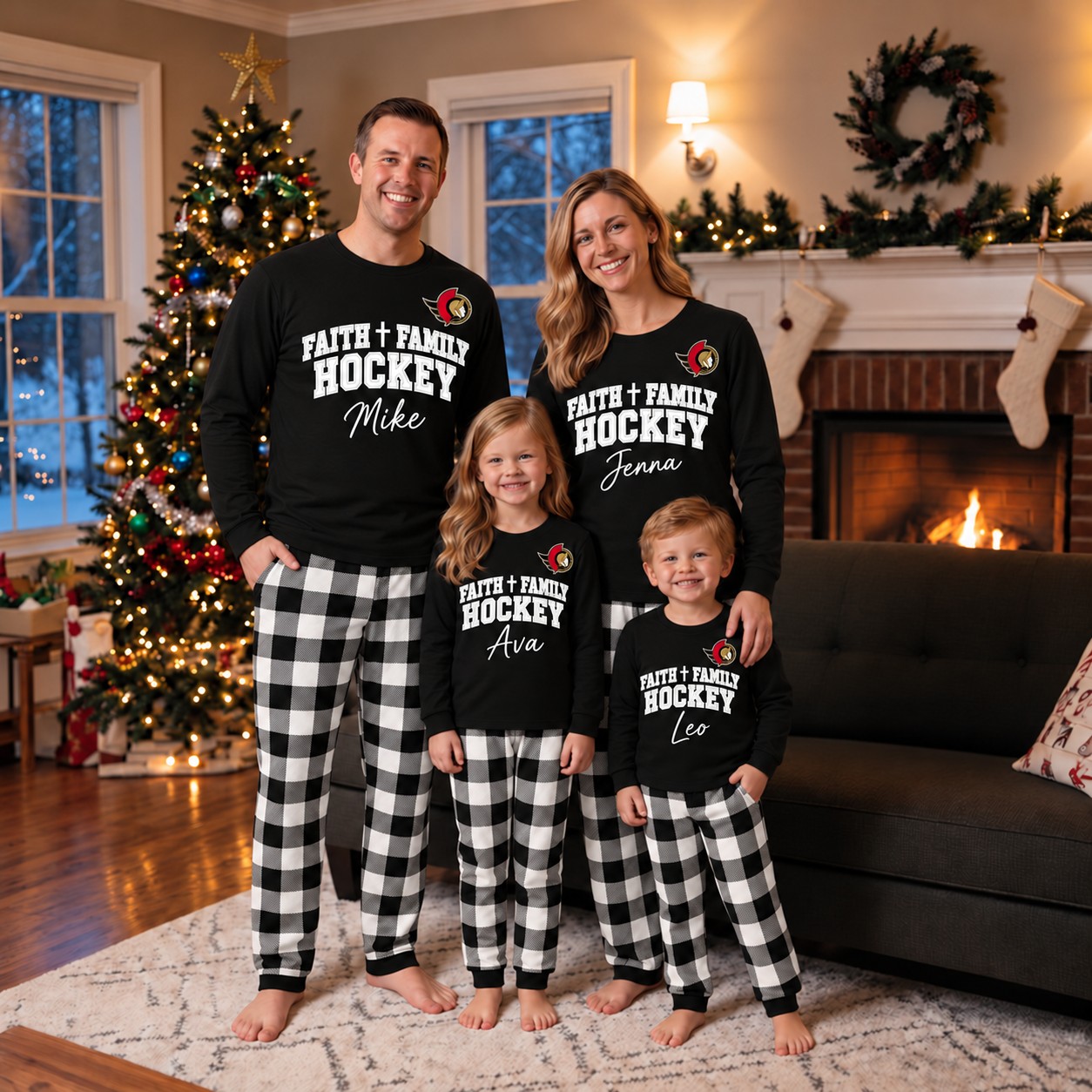 Ottawa Senators family Christmas pajamas, faith family hockey design