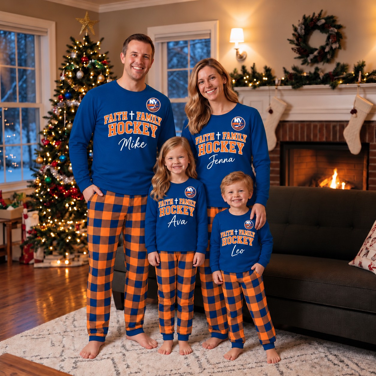 New York Islanders family Christmas pajamas, faith family hockey design